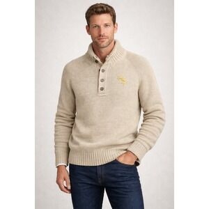 LL BEAN Sweater M Beige Mock Button Neck Cotton Sweater Embroidered Stars